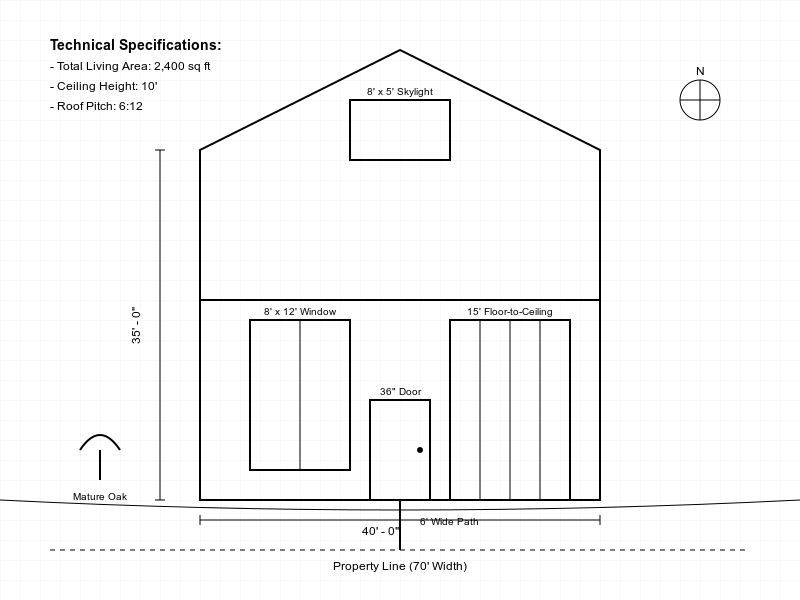 Contemporary house architectural sketch with technical specifications