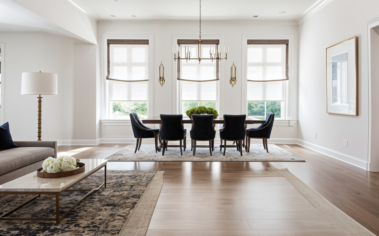 Transitional dining room with elegant staging showcasing AI-powered interior design